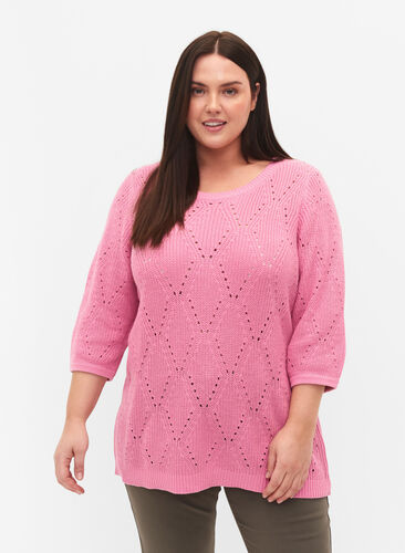 	 Knitted jumper with 3/4 sleeves and lace pattern, Begonia Pink, Model image number 0