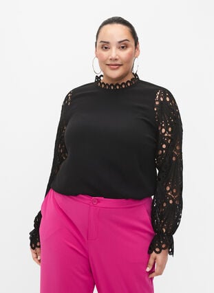 Viscose blouse with crochet sleeves, Black, Model image number 0