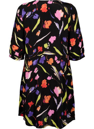 Dress in viscose with print and 3/4 sleeves, Faded Tulip AOP, Packshot image number 1