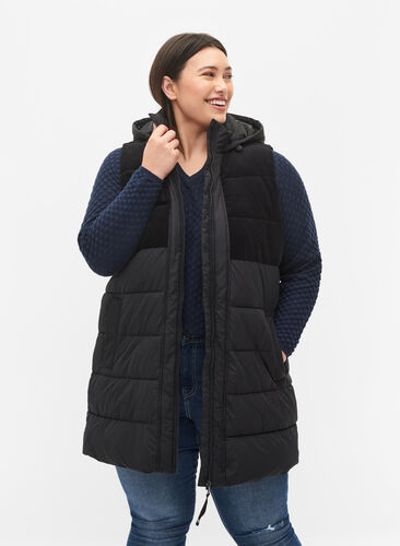 Long vest with hood and zip, Black, Model image number 0