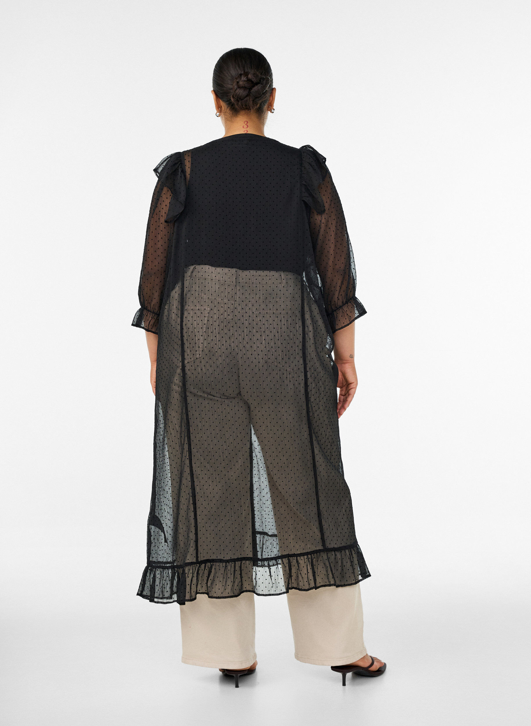ZizzifashionMidi dress in a lightweight, sheer fabric with dots and ruffles, Black, Model image number 1