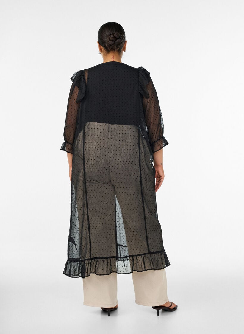 Midi dress in a lightweight, sheer fabric with dots and ruffles, Black, Model image number 1