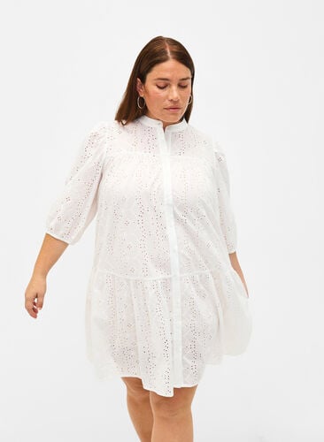 Embroidery anglaise shirt dress in cotton, Bright White, Model image number 0