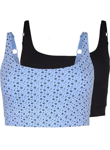 2-pack bra top in cotton with adjustable straps, Serenity AOP/Black, Packshot image number 0
