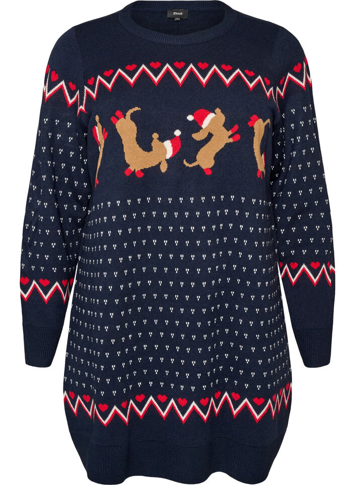 Short knitted dress with Christmas motif, Blue, Packshot image number 0
