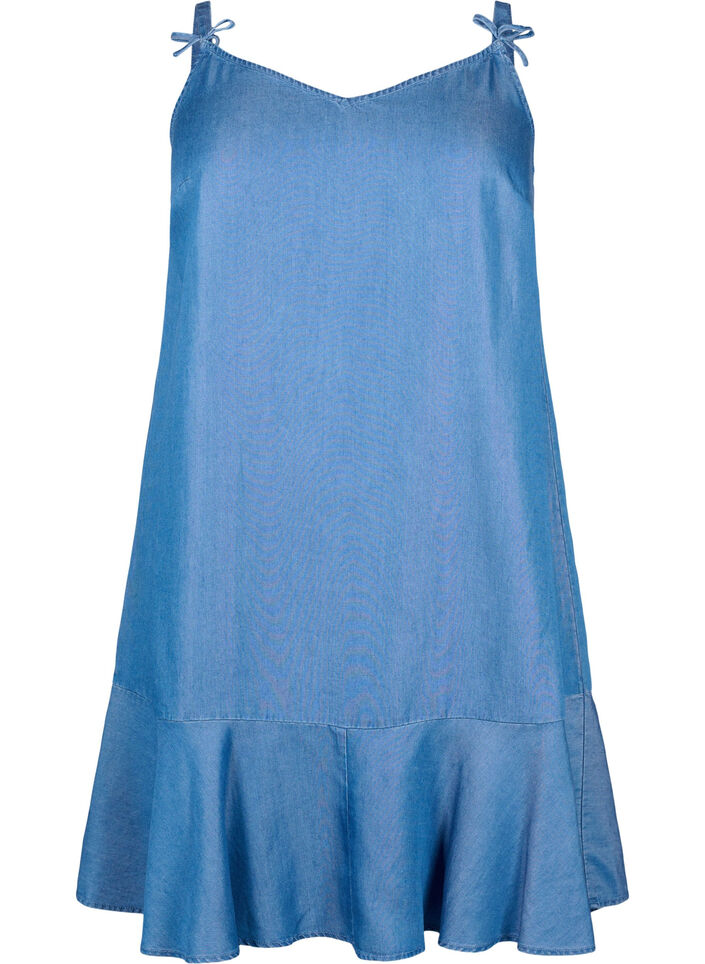 Midi denim dress with spaghetti straps, Blue, Packshot image number 0