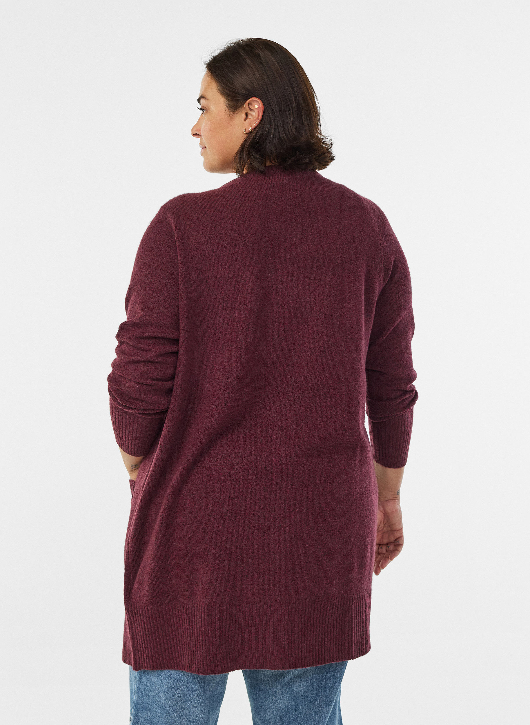 ZizzifashionRibbed Knit Cardigan with Pockets, Dark Bordeaux, Model image number 2