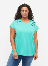 Cotton t-shirt with leaf print, Turquoise C Leaf, Model