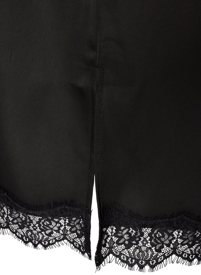Long satin top with lace edges, Black, Packshot image number 3
