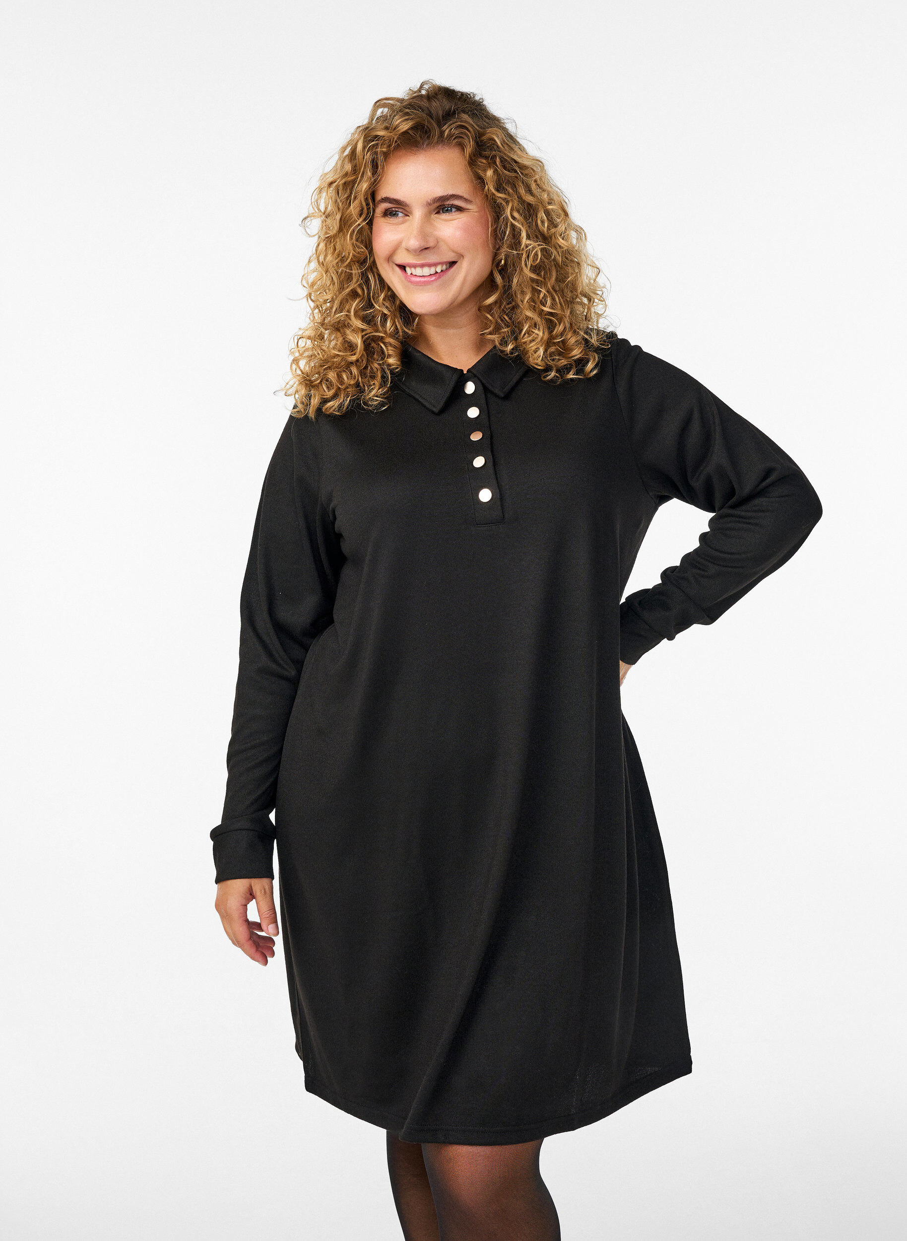 Zizzifashion Short polo dress with buttons and long sleeves, Black, Model image number 1