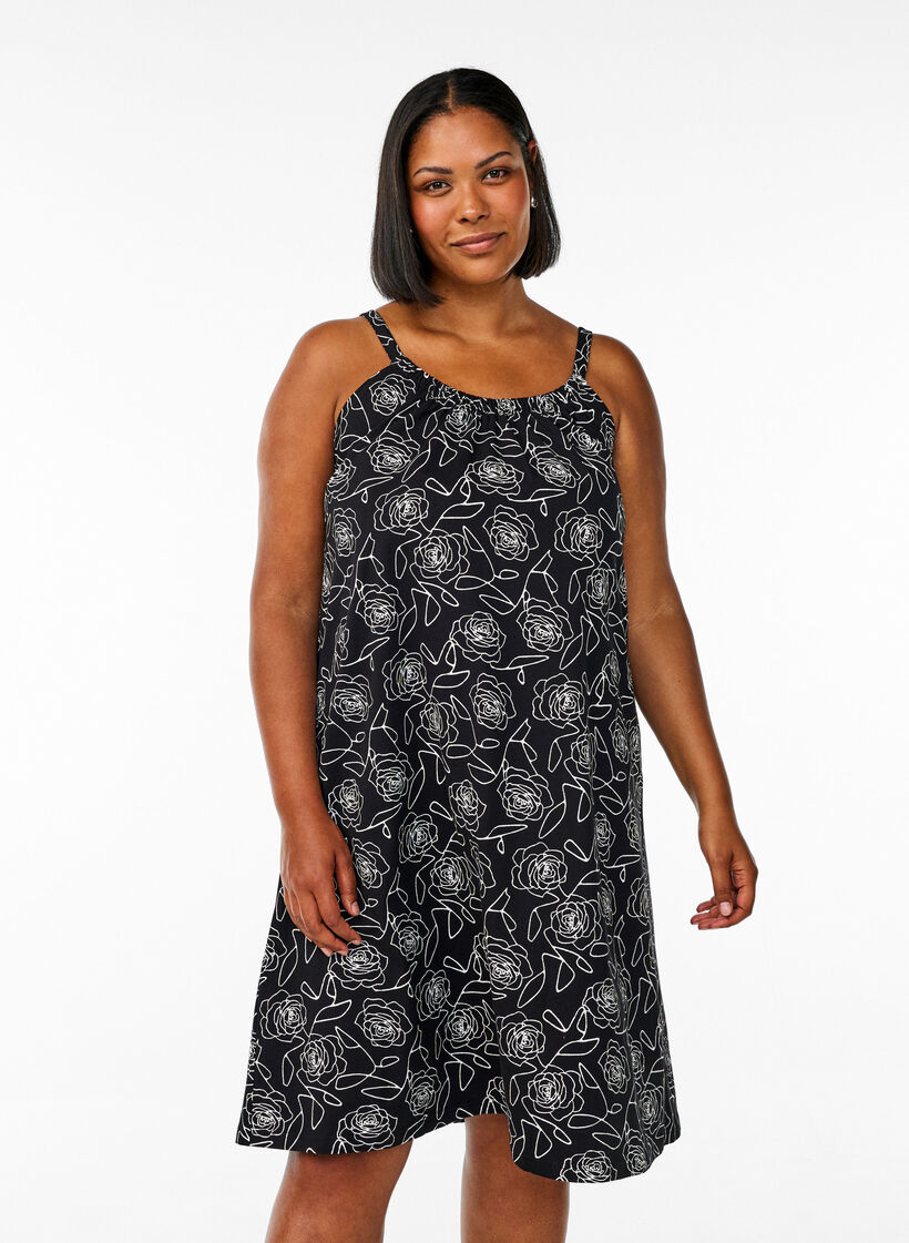 Knee-length strap dress in organic cotton, Black, Model image number 0