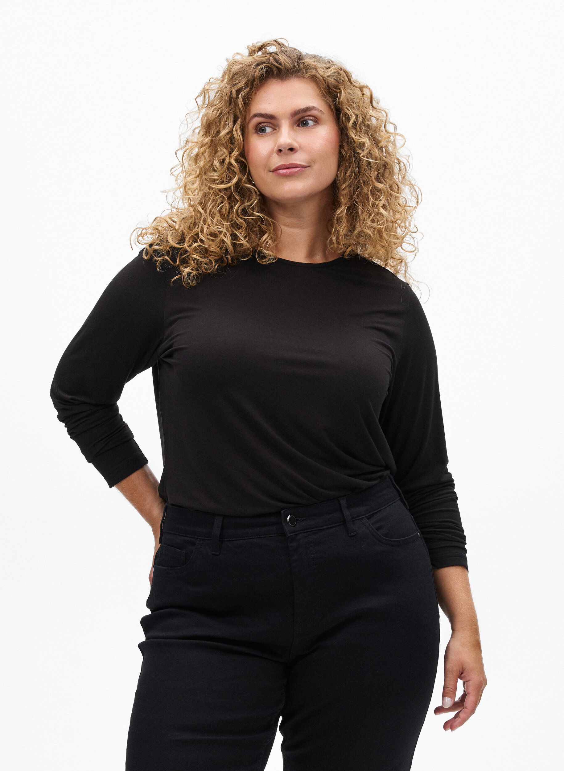 ZizzifashionSolid coloured blouse with long sleeves, Black, Model image number 0