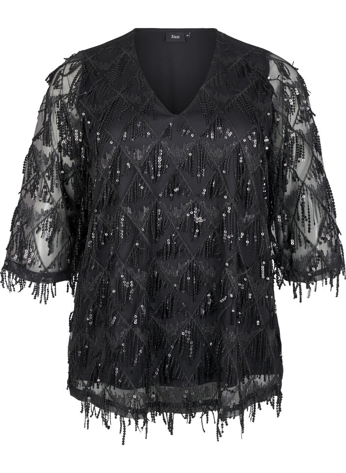 Party blouse with sequin fringes and 3/4 sleeves, Black, Packshot image number 0