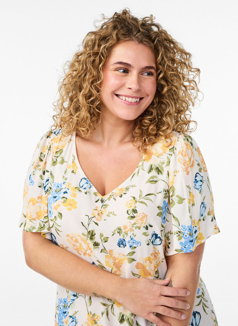 Viscose midi dress with a floral print, Blue, Model image number 2