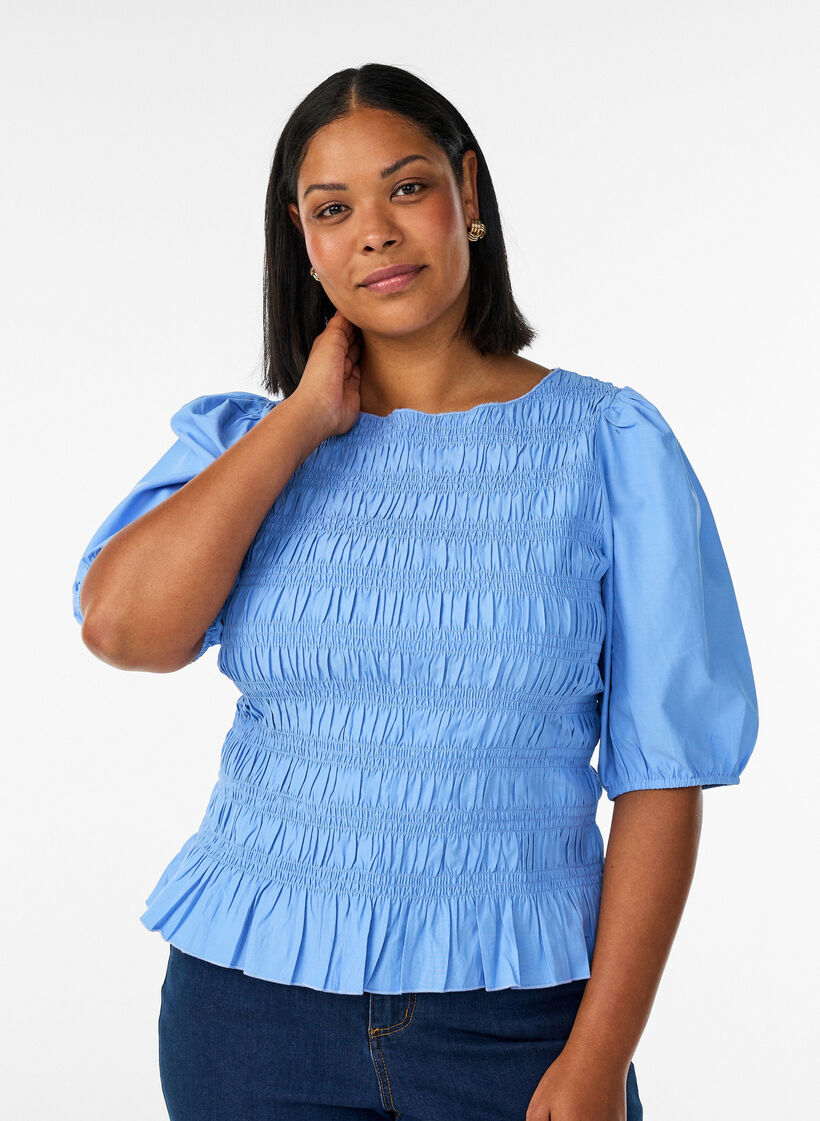 Smock blouse with a ruffle hem and boat neck, Blue, Model image number 0