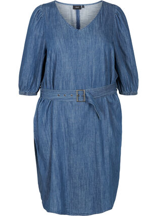 Denim dress with a belt and 3/4 length sleeves, Blue denim, Packshot image number 0