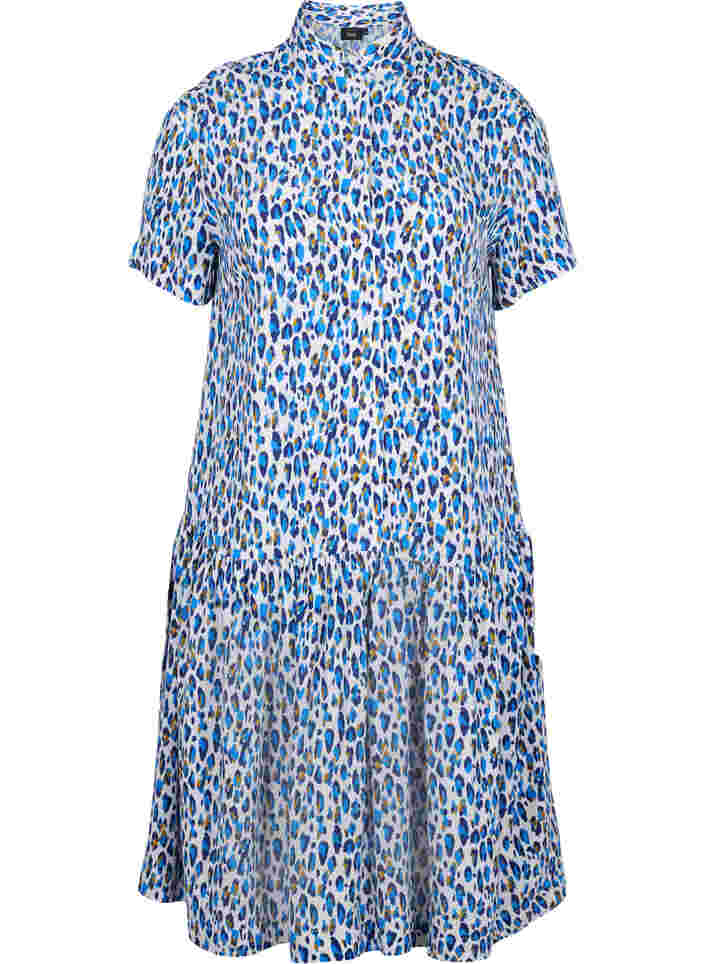 short-sleeved viscose midi dress, Blue Leo AOP, Packshot image number 0