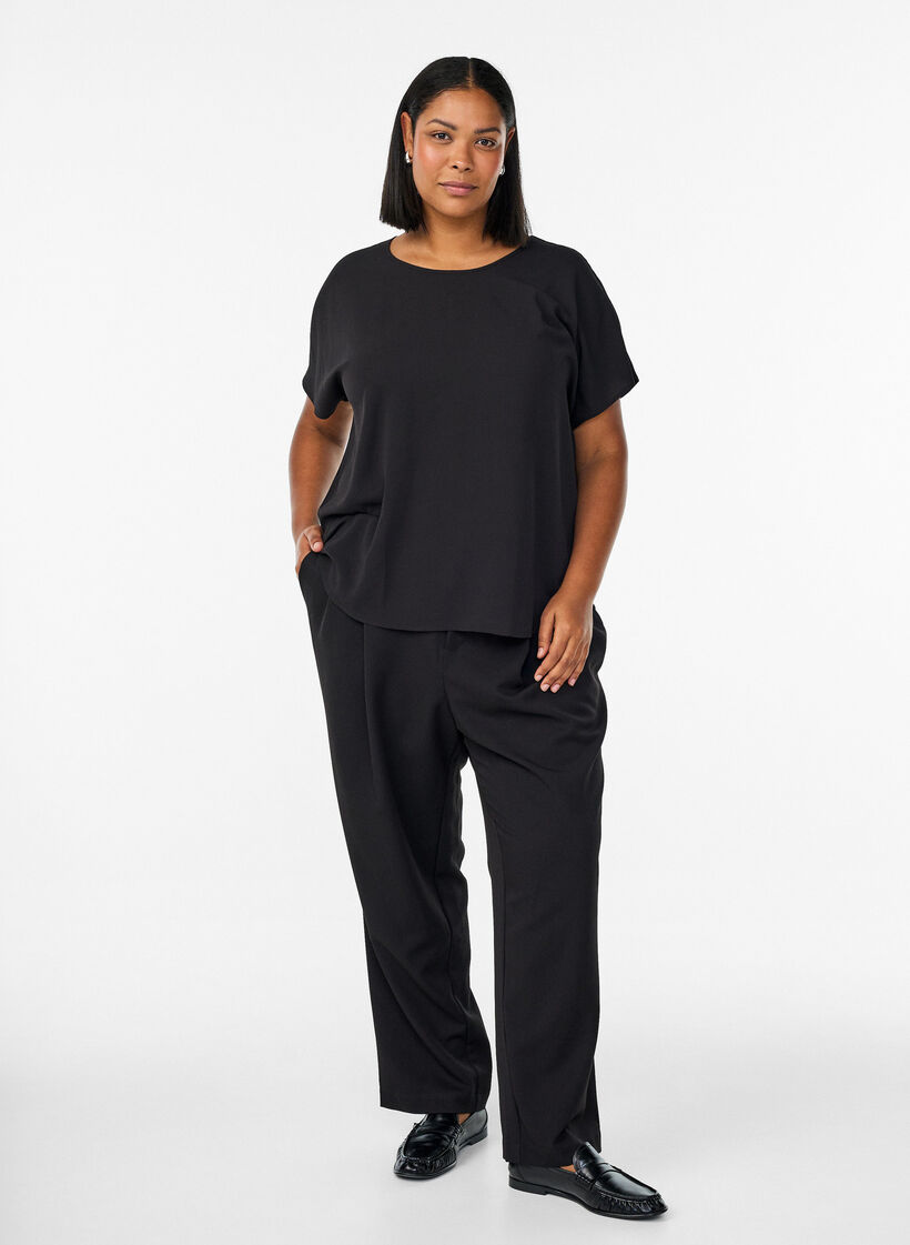 Blouse with short sleeves and a round neckline, Black, Model image number 1