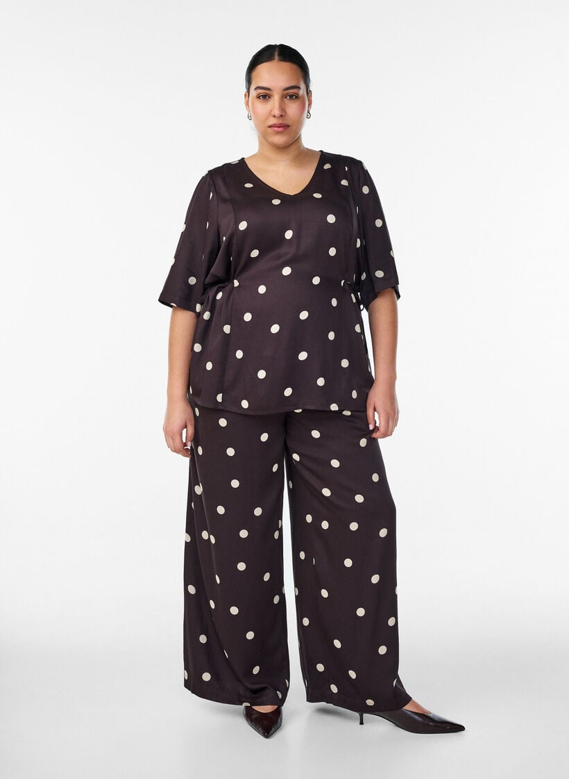 Viscose trousers with polka dots and wide legs, Brown, Model image number 0