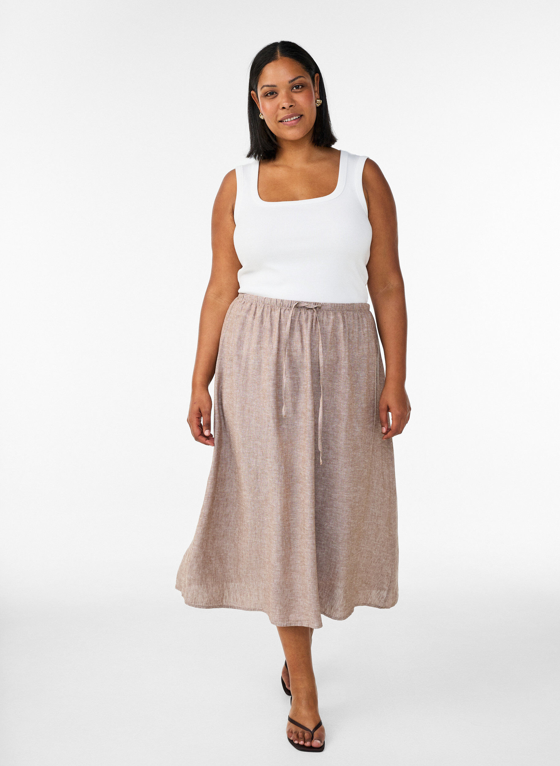 ZizzifashionA-line midi skirt in linen and viscose, Brown, Model image number 0
