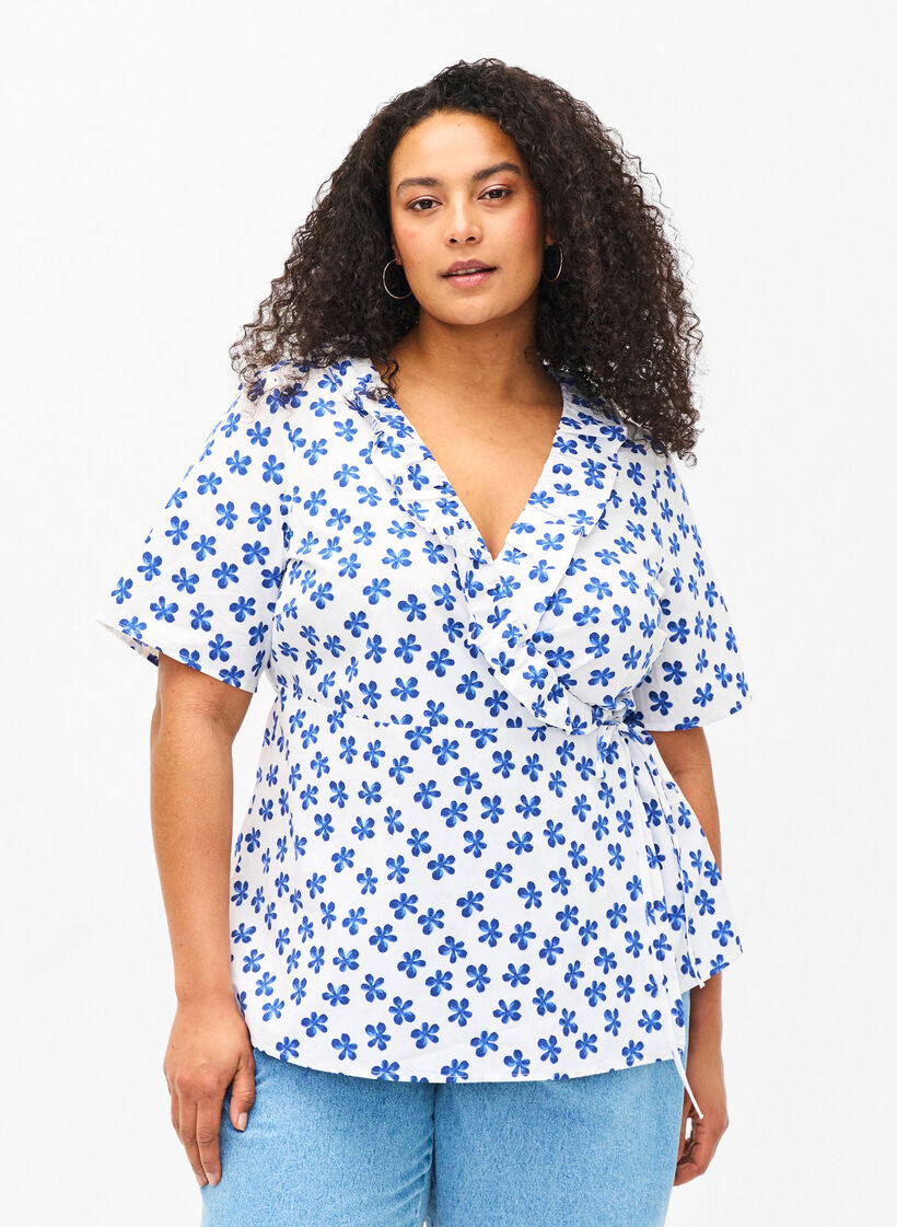 Cotton wrap blouse with floral print, B.White/Small Flower, Model image number 0