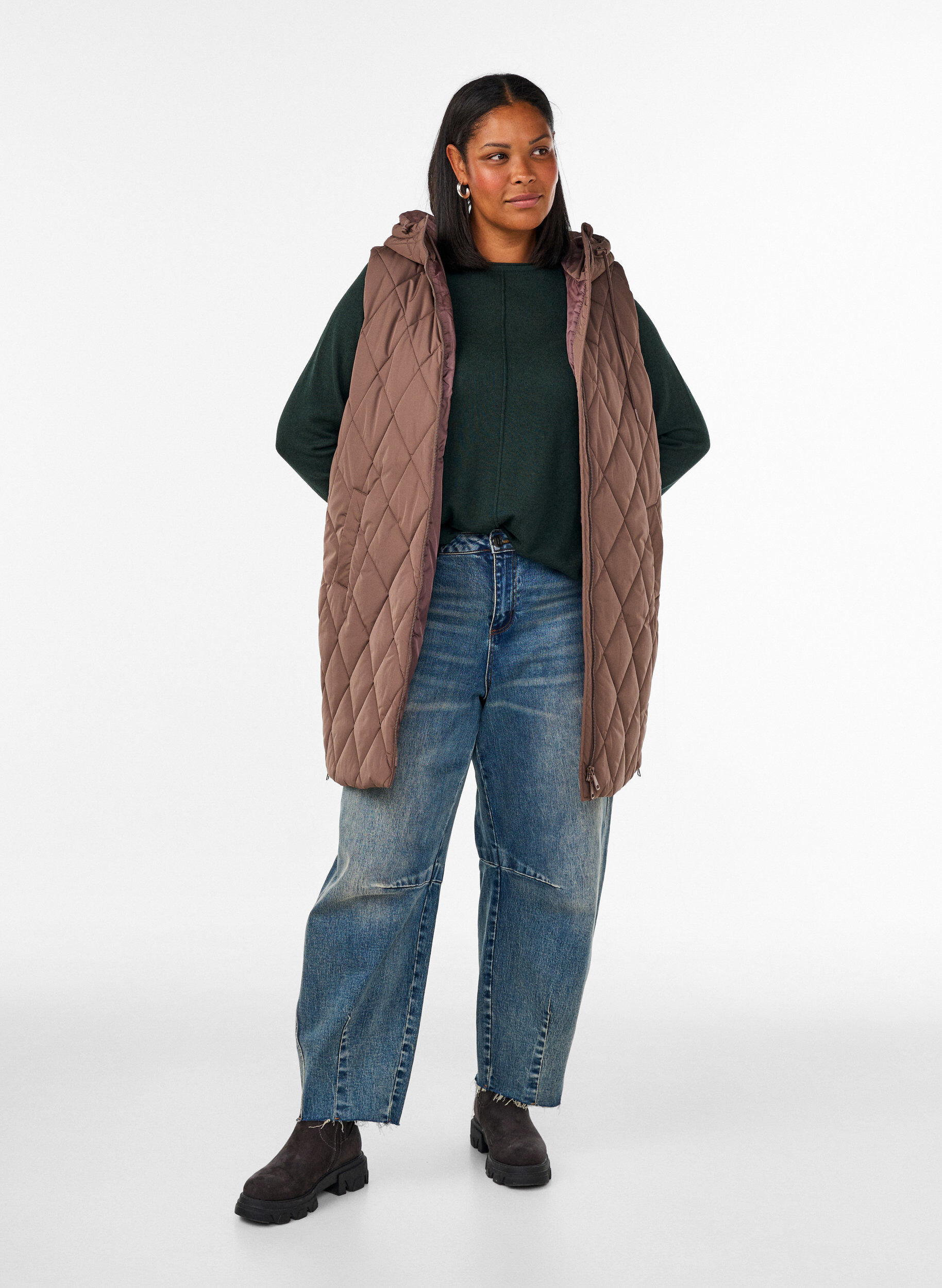 ZizzifashionMid-length quilted gilet with hood, Brown, Model image number 1