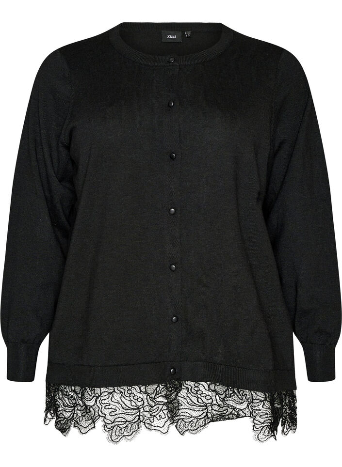 Cardigan with a wide lace hem, Black, Packshot image number 0
