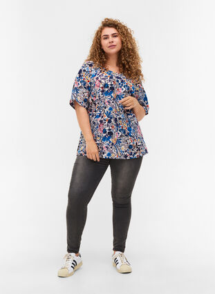 Floral blouse in cotton with short sleeves, Flower AOP, Model image number 2