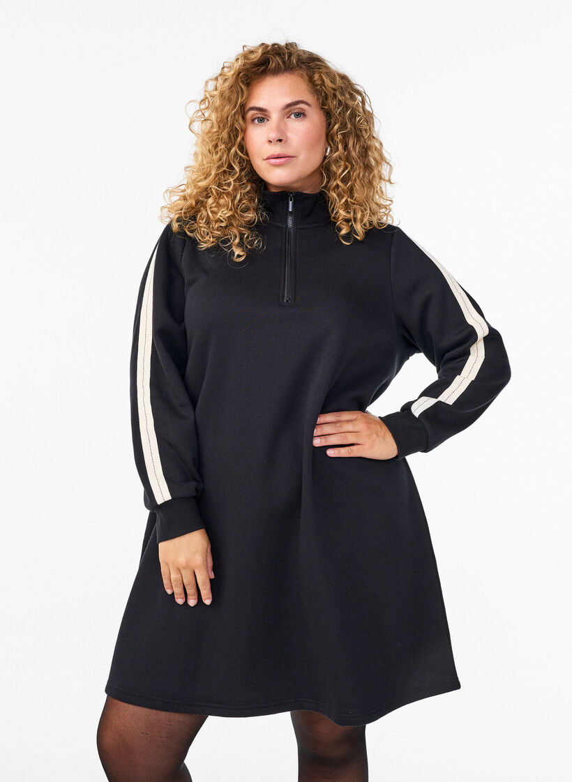 Short sweatshirt dress with a high neck, Black, Model image number 0
