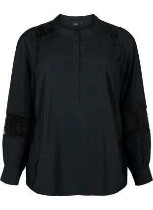 Viscose blouse with crocheted details, Black, Packshot image number 0