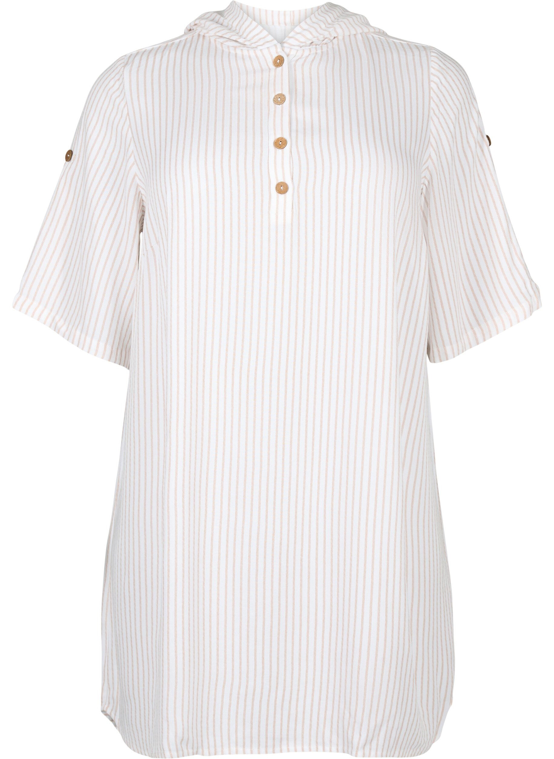Zizzifashion Short-sleeved viscose tunic with hood, White Natural Stripe, Packshot image number 0