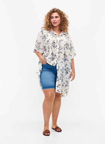 Long shirt with floral print, White Flower/Gold, Model image number 2