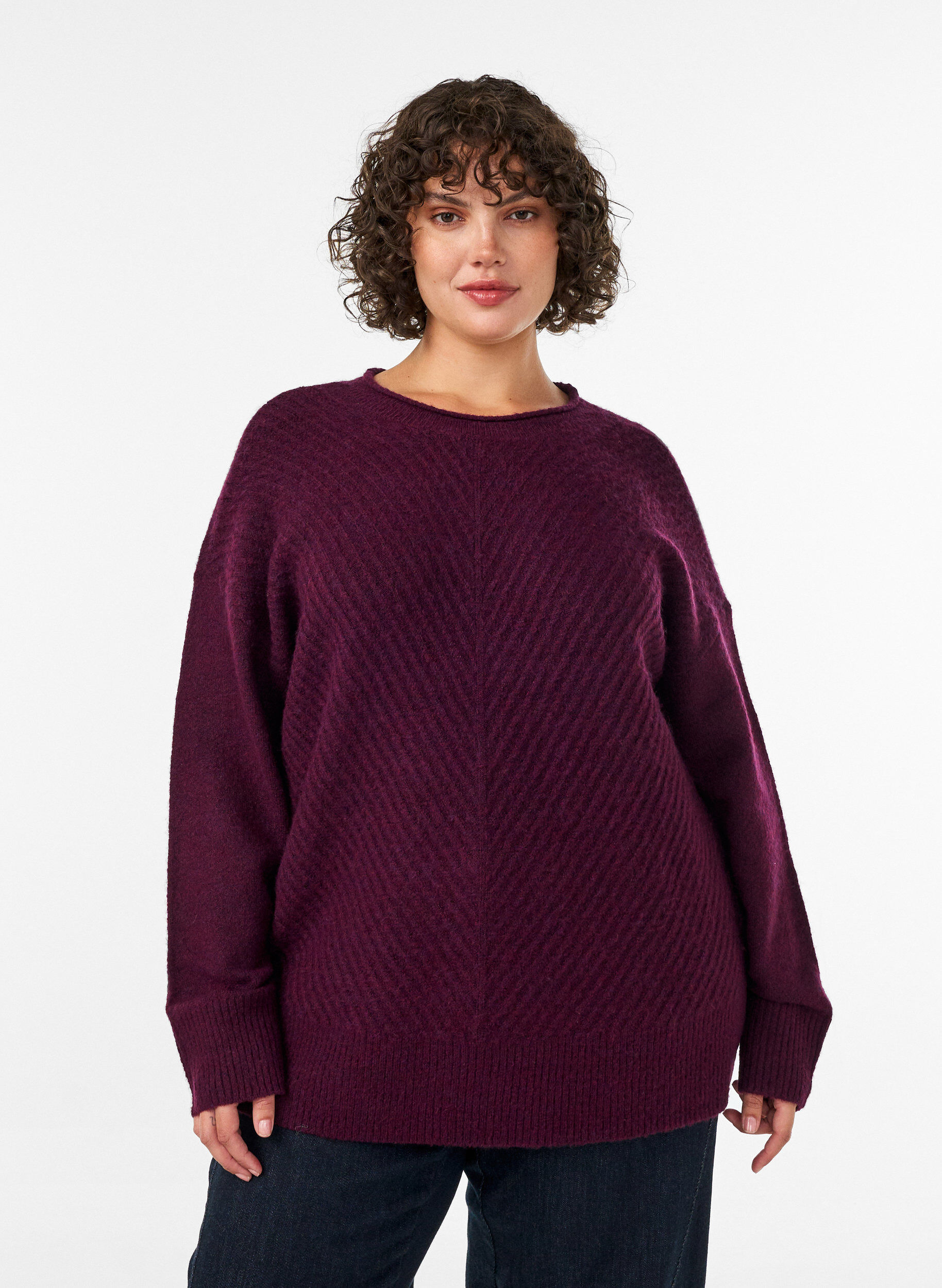 ZizzifashionKnitted blouse with V-shaped rib pattern and slits, Red, Model image number 0