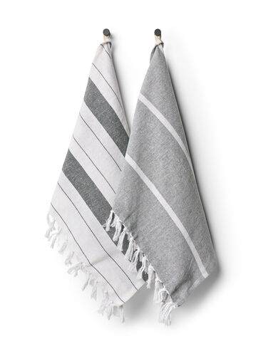2-pack striped towel with fringes, 2-Pack Grey, Packshot image number 0