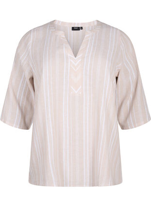 Striped blouse in linen-viscose blend, Beige White Stripe, Packshot image number 0