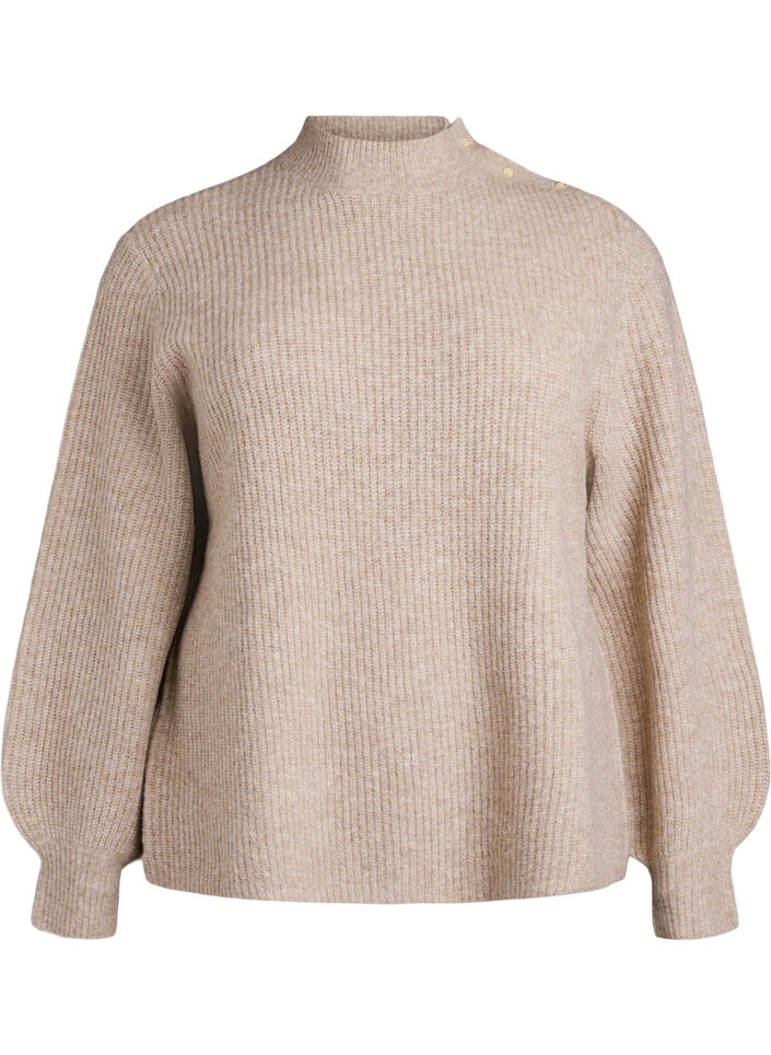 Ribbed jumper with puff sleeves and buttons, Beige, Packshot image number 0