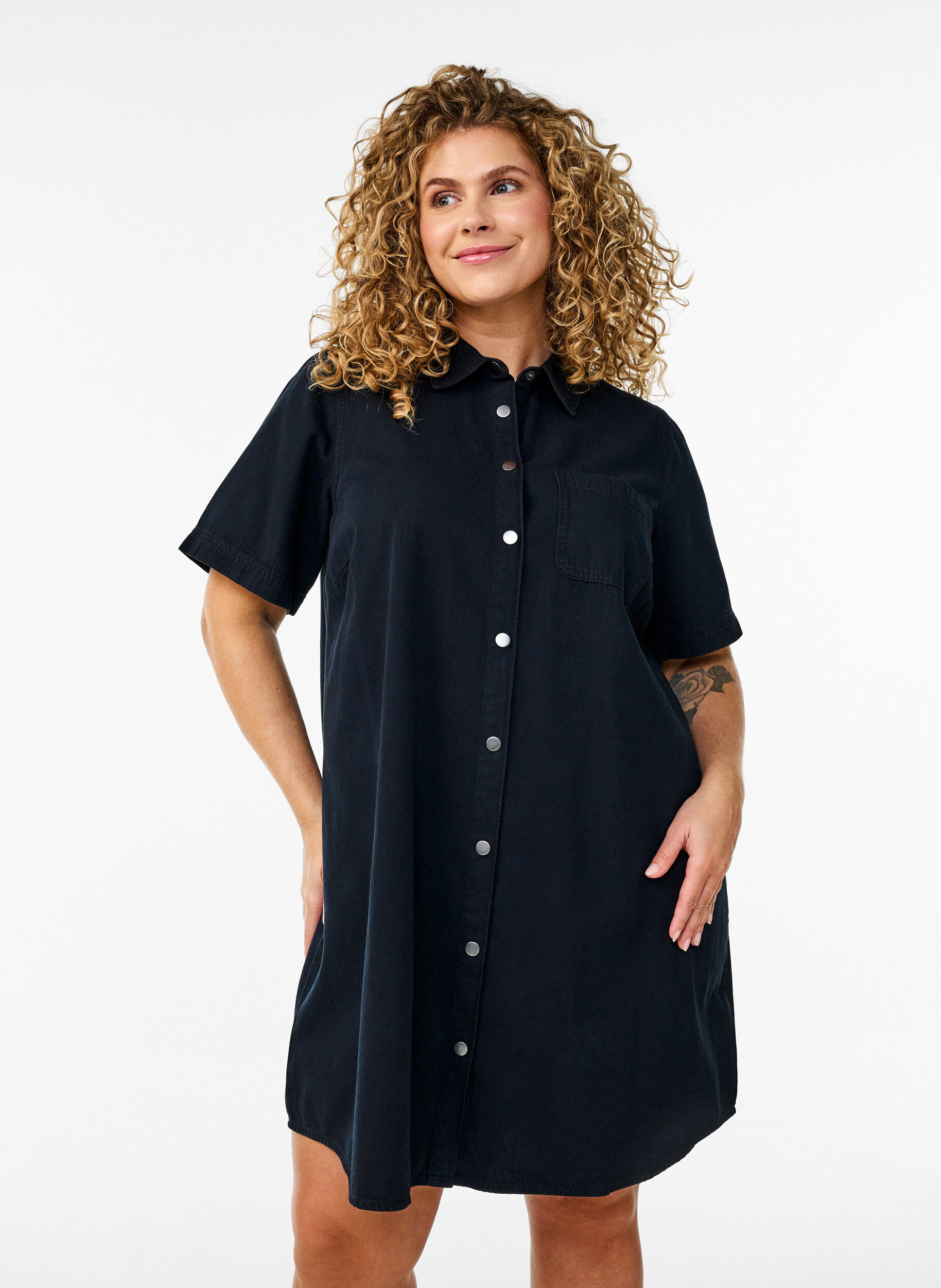 ZizzifashionDenim shirt dress with short sleeves, Black, Model image number 0