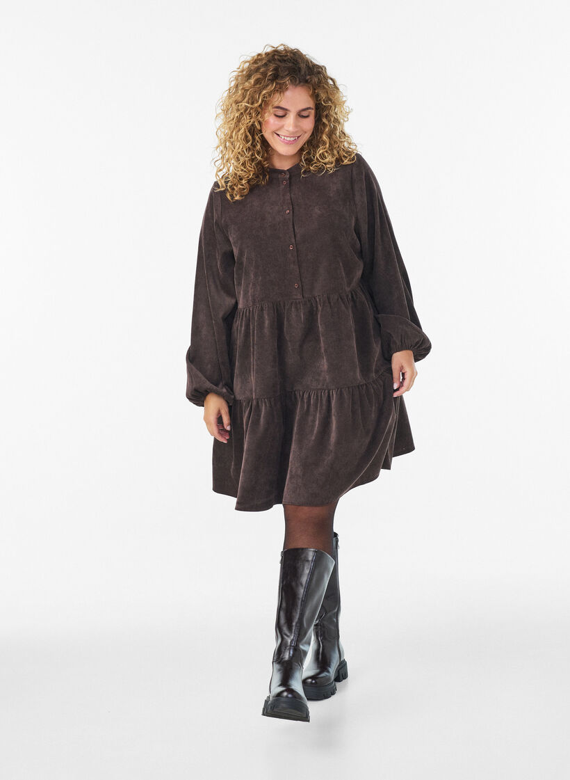 Corduroy dress with A-line shape and stand collar, Brown, Model image number 1