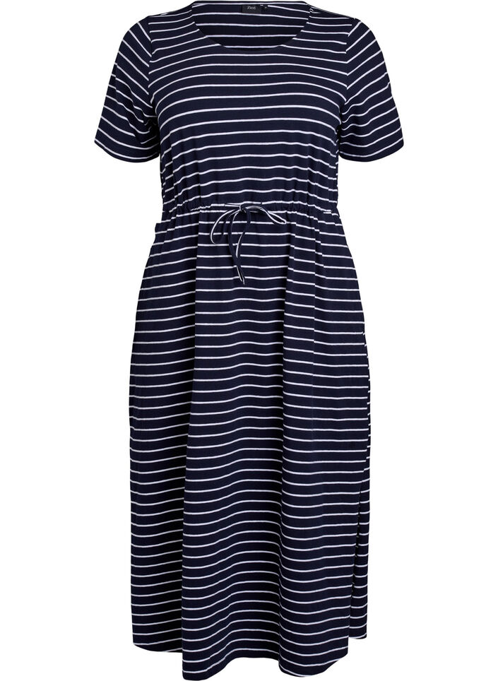 Striped midi dress in cotton with short sleeves, Blue, Packshot image number 0