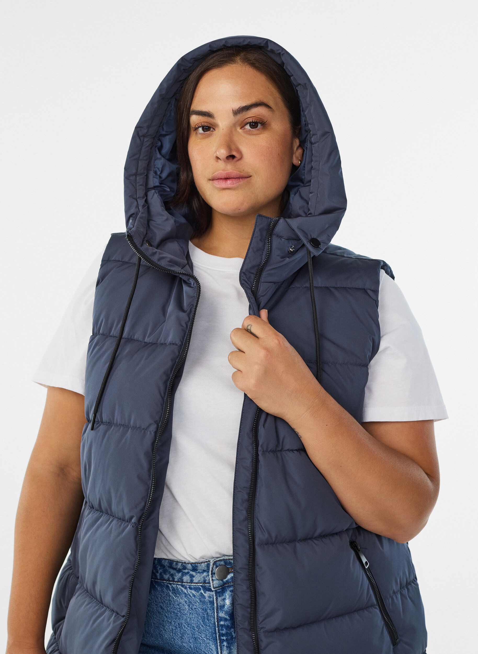 ZizzifashionLong vest with hood and pockets, Blue, Model image number 3