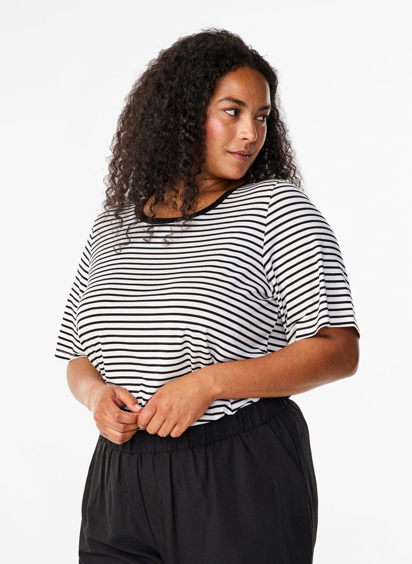 Striped T-shirt in lyocell with round neck, Black, Model image number 0