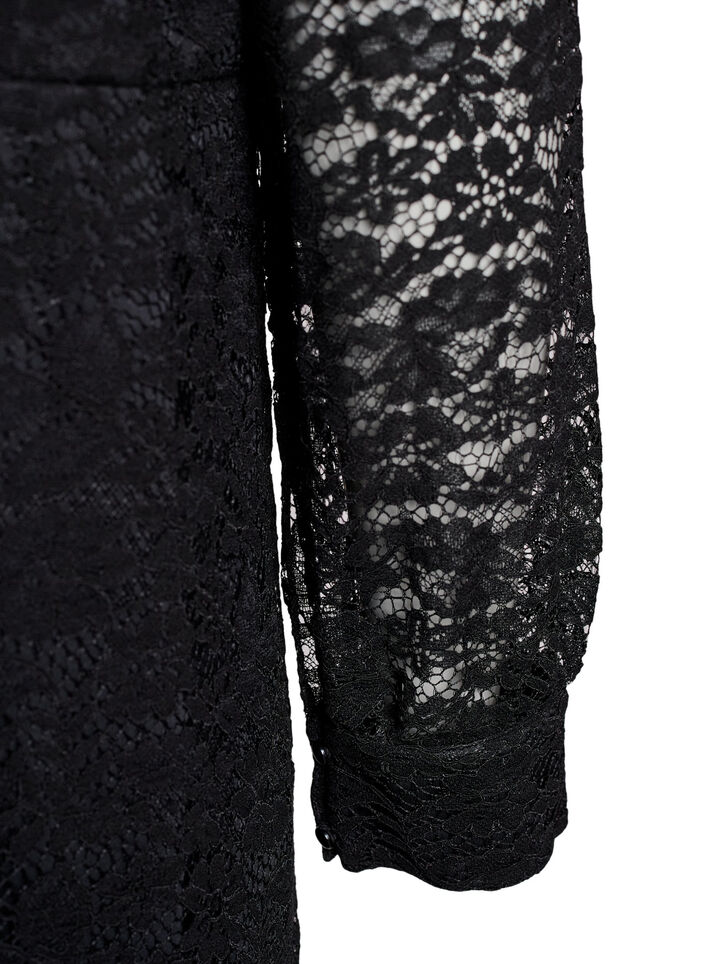 Lace dress with long sleeves and a tie belt, Black, Packshot image number 3