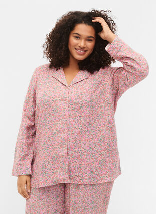 Cotton pyjama top with floral print, Powder Pink, Model image number 0