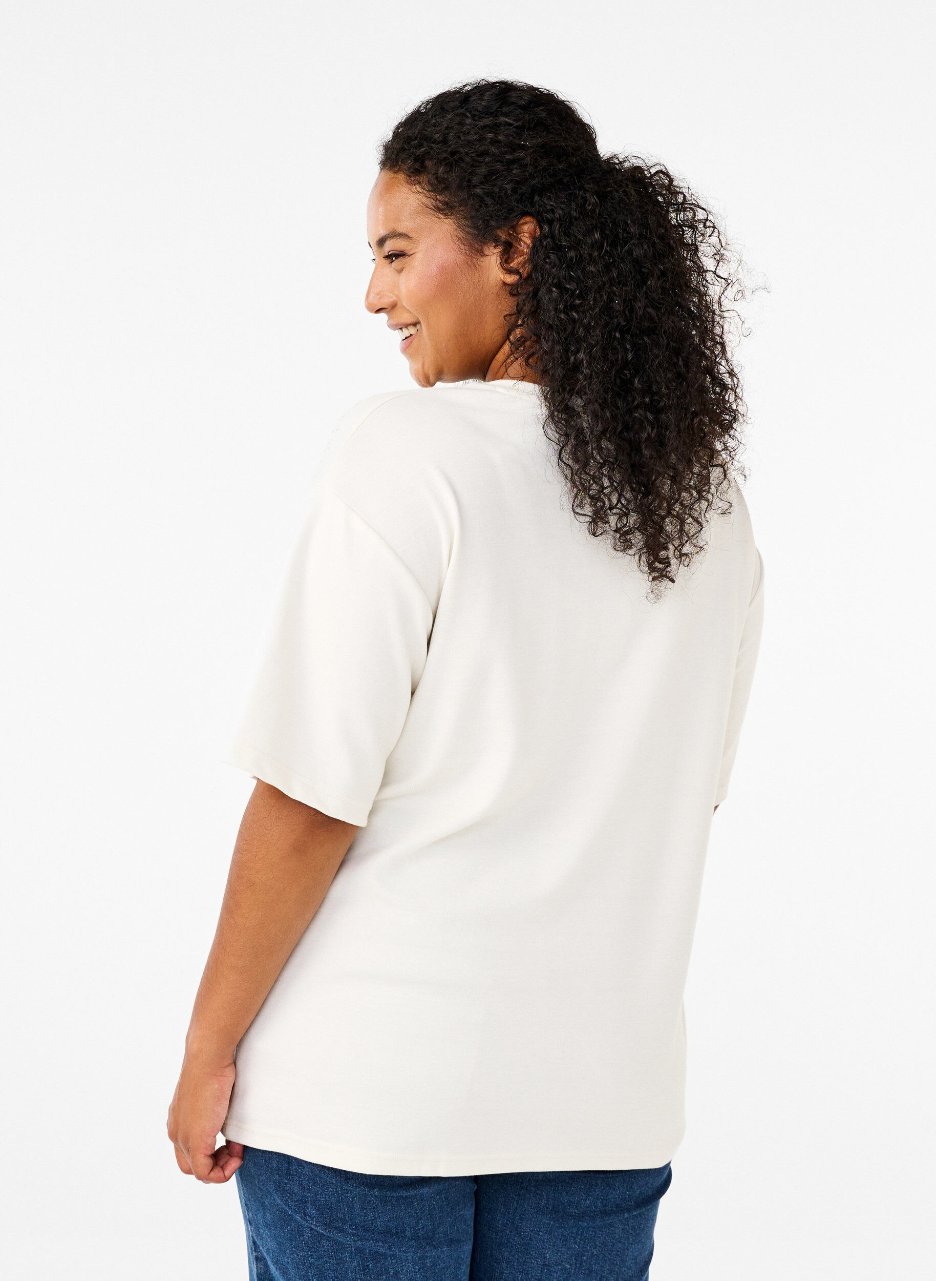 Zizzifashion T-shirt with rhinestones and round neck, White, Model image number 2