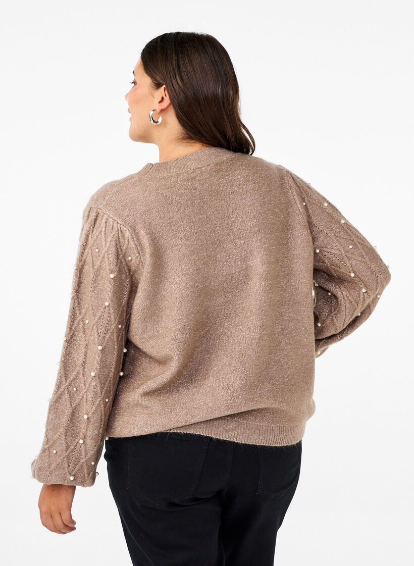 Knitted sweater with pattern and pearls, Desert Taupe Mel., Model image number 1