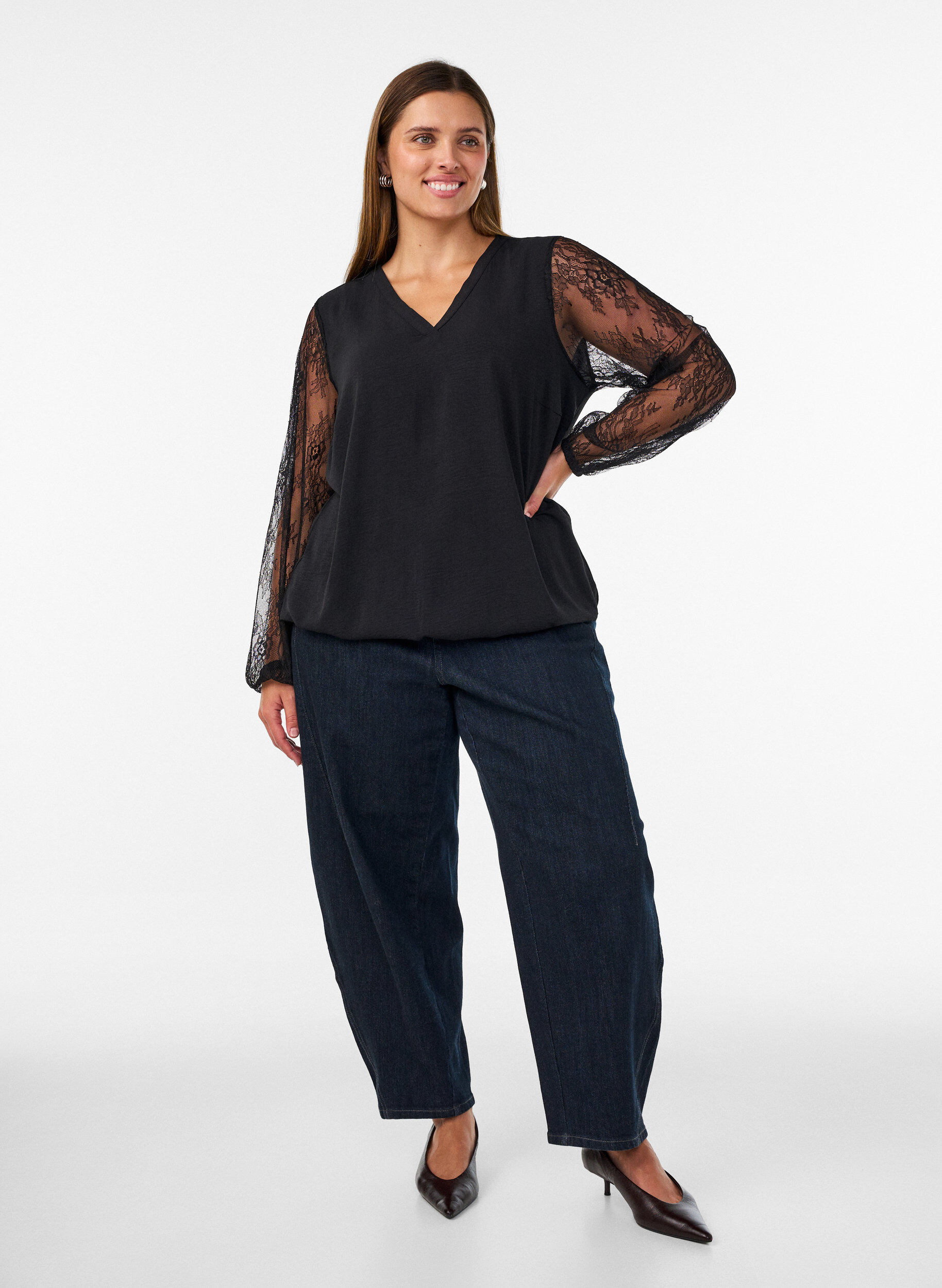 ZizzifashionBlouse with lace sleeves and balloon shape, Black, Model image number 1