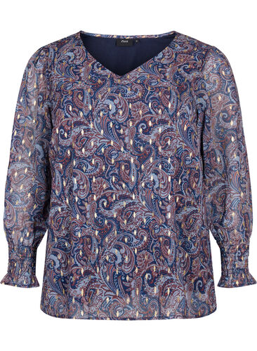 Paisley blouse with long sleeves and v neck, Blue Paisley AOP, Packshot image number 0