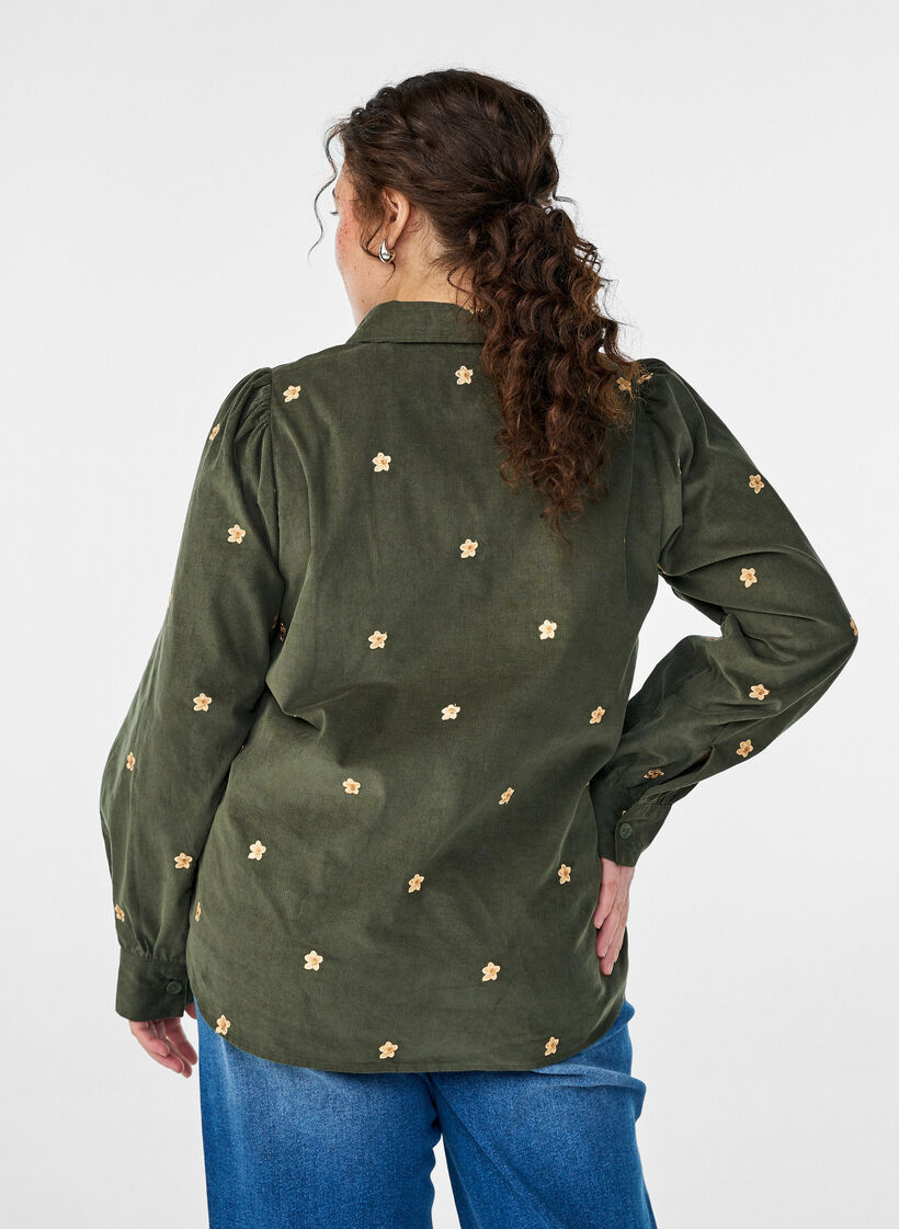 Corduroy shirt with embroidered flowers, Green, Model image number 2