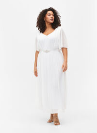 Maxi dress with pleats and short sleeves, Bright White, Model
