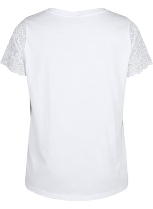 Cotton t-shirt with short lace sleeves, Bright White, Packshot image number 1